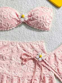 Swim Mod Set de 3 piezas: Top corto de tirantes finos, Bottom de triángulo con lazos laterales y minifalda con volantes y cordón - Rosa - Ver 3