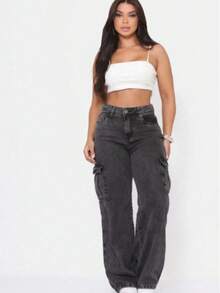 Graphite Cargo Jeans For Women, Wide Leg, 100% Cotton, 2 Pockets, Simple, Casual, Elegant, Sensual, Cargo Pockets, Zipper - 深灰色 - 查看 2