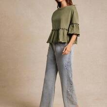 Camiseta con cuello redondo de punto slub, mangas con volantes y peplum, ideal para volver al colegio, otoño y conciertos country - Albaricoque - Ver 6
