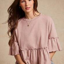 Camiseta con cuello redondo de punto slub, mangas con volantes y peplum, ideal para volver al colegio, otoño y conciertos country - Rosa vieja - Ver 1