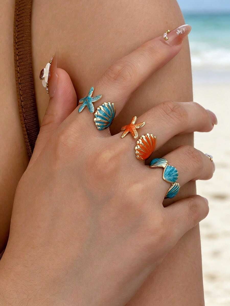 3pcs/Set Starfish & Seashell Adjustable Open Ring Set, Gold-Plated Stackable Beach Statement Rings For Women, Summer Ocean Vacation Jewelry - Multicolor - View 1