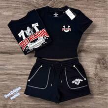 Style Red Logo Print Two-Piece Loungewear Set, Cropped Tee & Drawstring Shorts, Casual Streetwear & Athleisure - màu đen - Xem 2