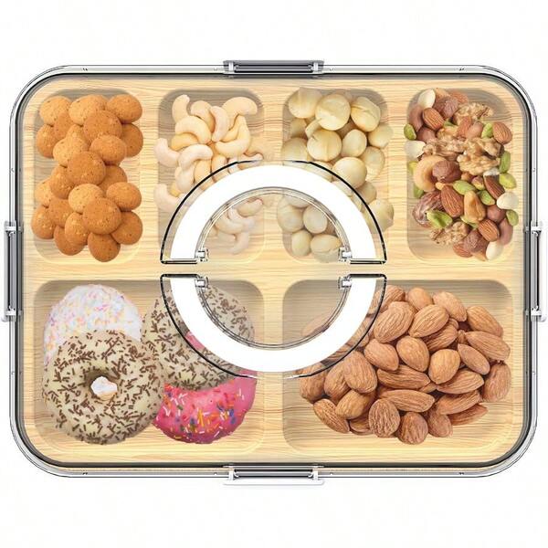 Charcuterie Board With Clear Lid And Handle, 6 Compartments Bamboo Charcuterie Boxes For Picnics Entertaining, Travel Portable Cheese Board Cutting Boards Perfect For Snacks Fruit (White) Adults World Book Day