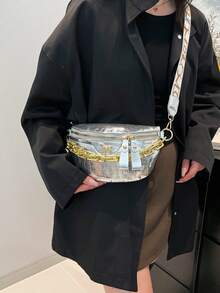 中號鱷魚壓紋斜挎胸包錢包，時尚鏈條裝飾拉鍊腰包，附可調節肩帶，時尚人造PU皮革腰包，適合旅行與運動，復古經典通勤女款單肩包 - 銀色 - 查看 6