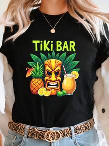 Short-Sleeved T-Shirt With Round Neck And Tropical Tiki Bar Print, Casual Spring/Summer Clothing, Women's Design - Unisex Loose Cotton Short-Sleeved T-Shirt With Round Neck Urban Vintage Style. - 黑色 - 查看 7