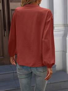 Plus Size Regular Length Long Sleeve Shirt Collar Backless Contrast Floral Lace Detail Top - Rust Brown - View 5