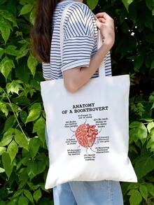 1pc Anatomy Of A Booktrot Canvas Tote Bag, "Would Rather Be Reading" Design With Brain Heart Book Lover Traits, White Bookworm Humor Bag For Library School Commute, Gifts For Readers Book Lovers Women Men - Multicolor - View 3