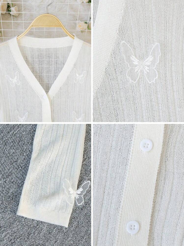 Women's White Knitwear Cropped Cardigan With V Neck And Long