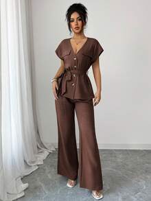 Lily House Women's Autumn/Summer 2-Piece Set, V-Neck Short Sleeve Tie-Front Blouse + High-Waisted Wide-Leg Pants, Elegant Casual, Suitable For Office And Back To School - Brown - View 8
