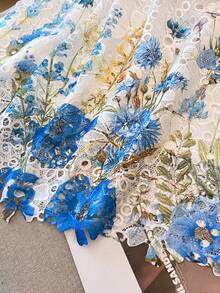 High-Waisted Elastic Skirt With Embroidered Lace And Water-Soluble Print - 藍色 - 查看 5