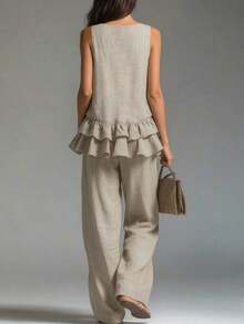 Conjunto de camiseta de tirantes con volantes + pantalones - Caqui - Ver 2
