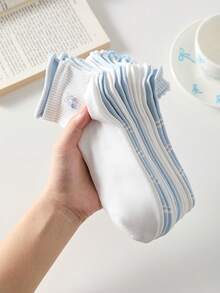 5 Pairs Women Cute Sweet White & Blue Bow, Heart, Cherry Print Short Socks, Student Socks, Comfortable Casual Creative Ruffled Socks, Random Colors, Suitable For Daily Wear All Seasons - Multicolor - View 11