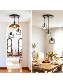 Three-Light Pendant Lamp, Rustic Style, Perfect For Kitchen Islands And Dining Rooms; Retro Industrial Style Ceiling Light, Adjustable Height, Matte Black, Bulb Not Included - Black - View 10
