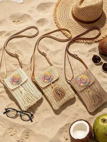 Bolso bandolera de paja bohemio tejido, decoración de girasol de rafia, bolso de teléfono con solapa de flecos, correa ajustable para playa, bolso de playa de verano, cierre magnético, soporte ligero para teléfono celular para mujeres, vacaciones de verano, viajes, uso diario casual, regalos únicos de cumpleaños, regalos de vacaciones, regalos de fiesta, regalos de vuelta a la escuela