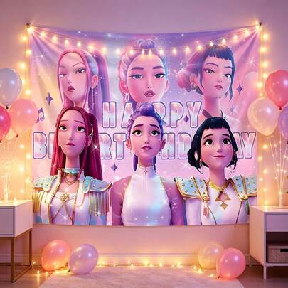 1 cái phông nền sinh nhật chủ đề thần tượng K-POP, biểu ngữ tiệc in nhân vật hoạt hình, đạo cụ chụp ảnh