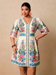 Vestido corto con estampado floral negro para mujer de talla, vestido corto con cuello en V, manga corta y cintura ceñida, vestido romántico para vacaciones en una isla a principios de primavera, vestido bohemio - Blanco - Ver 2