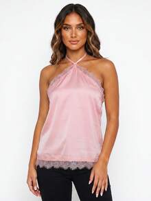 Womens Lace Trim Halter Tops Summer Fashionable Spaghetti Strap Open Back Satin Vest - Pink - View 4