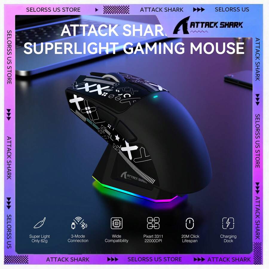 ATTACK SHARK X11 Lightweight Wireless Gaming Mouse With RGB Charging Dock, Tri-Mode-2.4G/USB-C Wired/BT, 22K DPI, PAW3311 Optical Sensor, HUYU Switch, 5 Programmable Buttons For PC Gamer - Nhiều màu - Xem 1