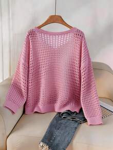 Plus Size Women's Summer Beach Cover-Up - Pink V-Neck Openwork Knit Loose Fit Tunic - Pink - View 3