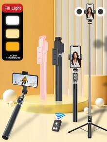 Palo de selfie con trípode, control remoto Bluetooth, luz LED de 3 colores, adecuado para grabación de video y vida, telescópico, rotación de 360°, anti-vibración, plegable y portátil, compatible con iPhone y Android, 170cm/66.9 pulgadas - A - Ver 2