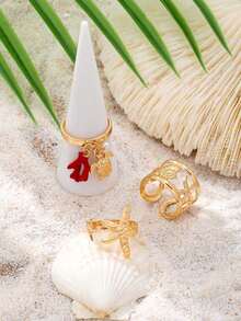 Set Of 3 Summer Beach Rings With Starfish, Shell And Scallop, Women's Jewelry Accessories For Vacation And Travel, Gift - 多色 8 - 查看 2