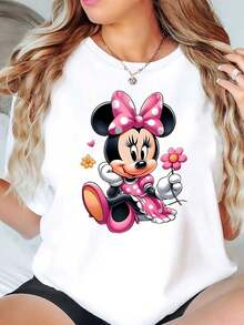 Minnie Mouse With Pink Bow And Flower Print Disney Women T Shirt Round Neck Short Sleeve Casual Daily Wear Summer Holiday Soft Comfortable 220g - trắng - Xem 1