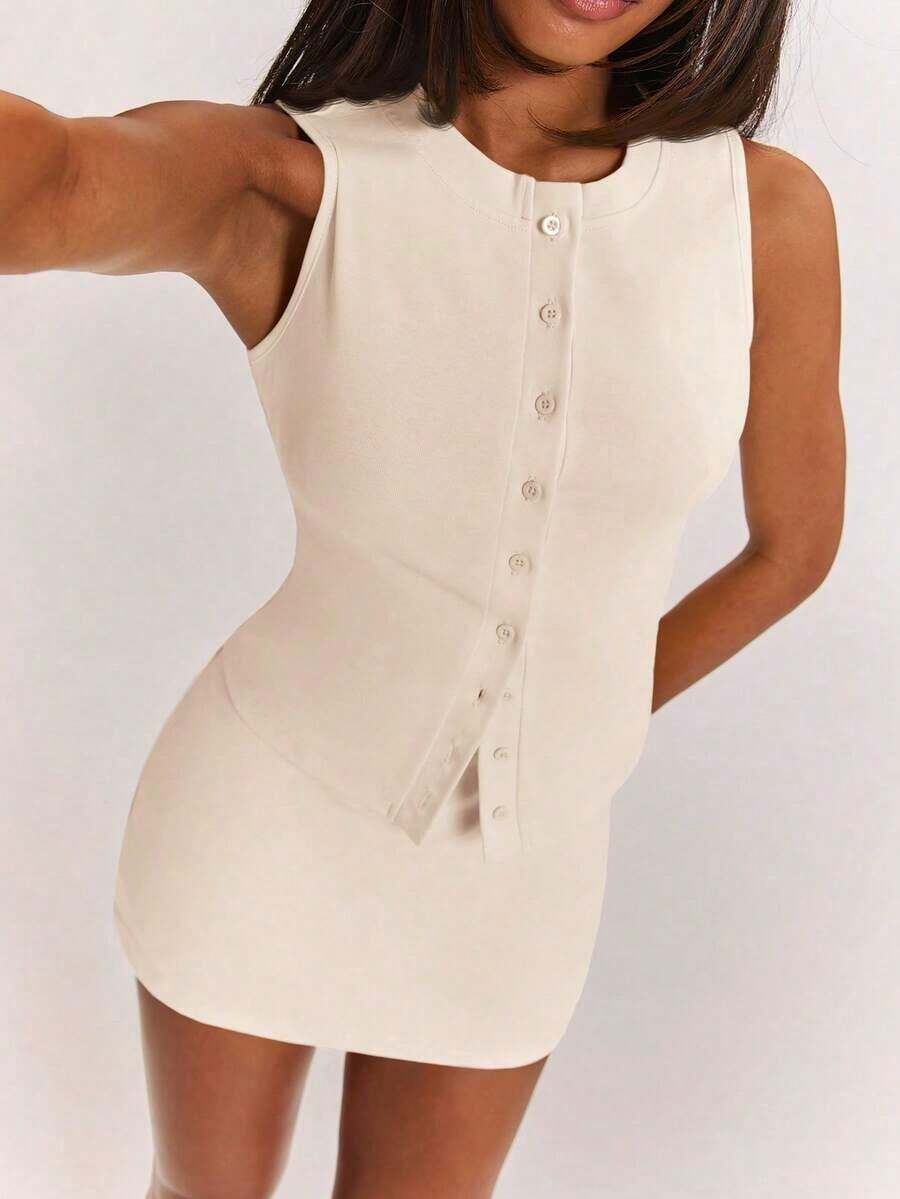 2 piezas/Set Parte superior de punto a rayas casual de verano y minifalda de cintura baja, adecuado para brunch, salidas, citas, viajes al trabajo, vacaciones en crucero, ideal para vacaciones de mujer en Ibiza, conjunto amarillo - Albaricoque - Ver 1