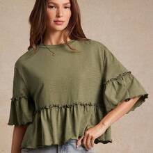 Camiseta con cuello redondo de punto slub, mangas con volantes y peplum, ideal para volver al colegio, otoño y conciertos country - Rosa vieja - Ver 4