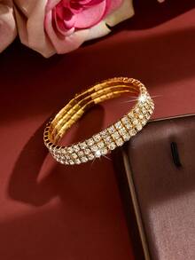 1pc 4-Row/3-Row/2-Row/1-Row Crystal Tennis Bracelet, Shiny Elastic Bangle, Crystal Sparkling Wristband, Wedding Bridal Jewelry, Valentine's Day Gift - Gold - View 4