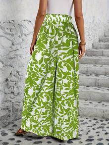 Women's Wide Leg Trousers With Elastic Waist And Print - Green Flower - View 2