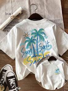 Women's Casual Summer Reversible Top With Two-Sided Print, Hand-Painted Style With Palm Trees, Sun And Sand Pattern, Round Neck, Short Sleeve, Solid Color. - 白色 - 查看 6