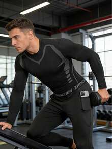6pcs Men's Sports Compression Set - Breathable Long Sleeve Top & Pocket Long Pants, Elastic Quick-Dry Fitness Running Training Outfit - Black - View 7