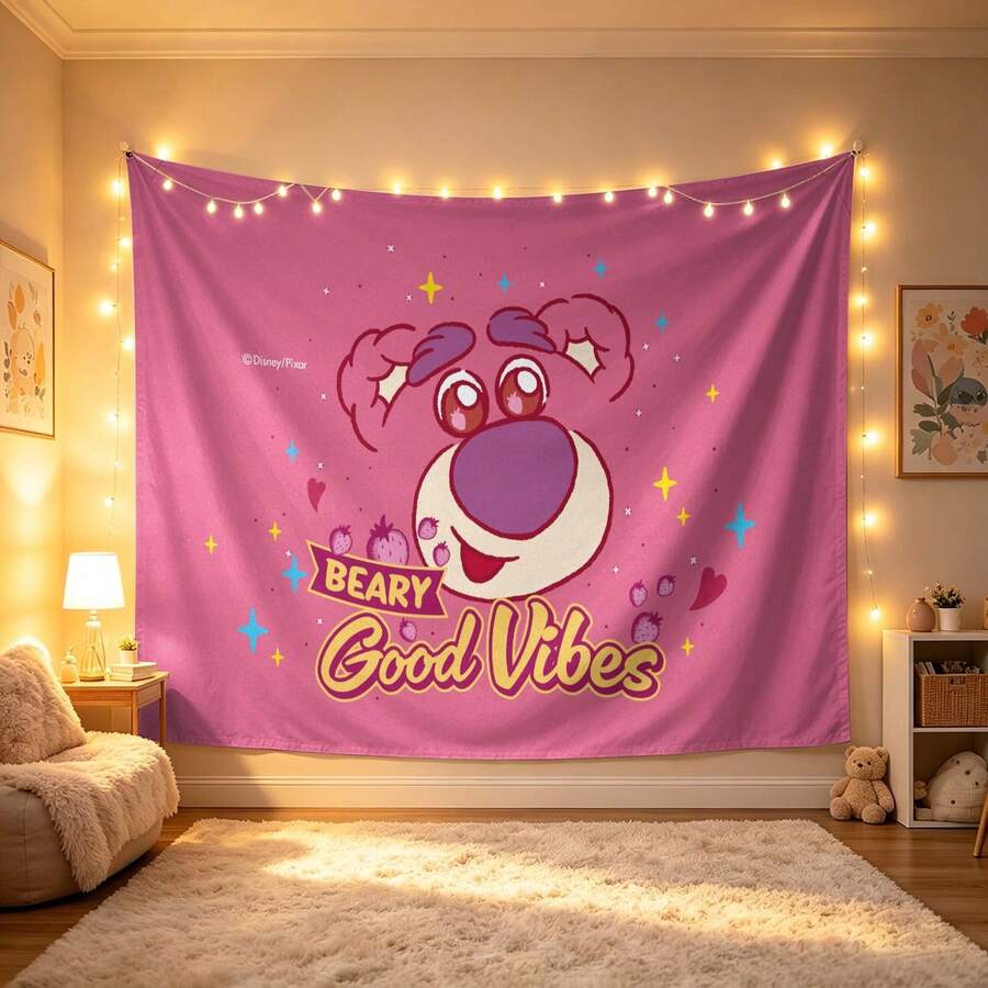 Disney Pixar Toy Story Tapestry With Lotso The Bear Face Illustration, "Beary Good Vibes" Quote, Strawberry & Star Accents Print No-Hole Backdrop, Perfect For Parties, Camping, Home Decor, Scene Setup And Gathering Displays - 0 - View 1