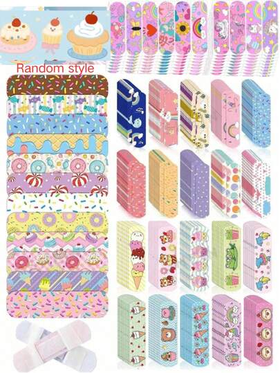 (600/120/36/12/10pcs Colorful Pattern Bandages) Cartoon Waterproof Breathable Adhesive Patches, Pink Theme, Ice Cream Donut And Other Cute Patterns, Elastic Fabric Material Multi-Functional Bandages, Wear-Resistant Hand And Foot Patches