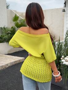 Blusa de punto de manga corta para mujer, top tipo pullover con hombros descubiertos, sexy, con cintura definida, efecto adelgazante y calados, estilo casual elegante de moda, para uso diario y atuendo de vacaciones de verano - Mostaza Amarilla - Ver 2