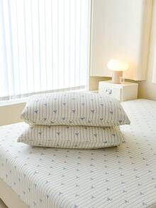 Set 2 Sarung Bantal Motif Garis-garis dengan Pita, Sangat Lembut & Bernapas, Tanpa Isi, Dapat Dicuci dengan Mesin, Gaya Gadis Manis, Cocok untuk Sarung Bantal Model Amplop di Kamar Tidur, Set Sarung Bantal Bernapas untuk Tempat Tidur di Kamar Asrama - Navy Blue - View 2