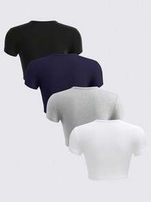 BASICS Set de 4 camisetas cortas de manga corta, ajustadas, con cuello redondo y de un solo color, de punto, para mujer - Rosa Pálido - Ver 6