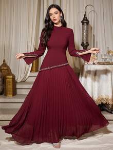 Women's Solid Color Mandarin Collar Asymmetrical Rhinestone Cuff Ruched Dress, Soft Fit & Flare Birthday Party Gown, Non-Stretch Wedding Spring - Burgundy - View 5