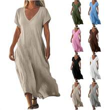 Loose-Fitting Solid Color V-Neck Cotton-Linen Women's Dress - White - View 2