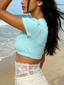 Women's Vacation V-Neck Puff Sleeve Cropped Top, Slim Fit Multiple Colors Spring Summer Wear, Perfect For Beach, Party, Daily Casual Outfit - 湖藍色 - 查看 6