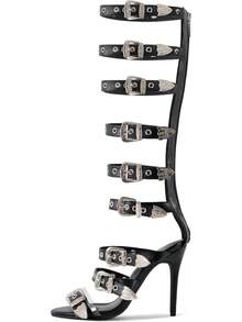 2026 Women Back Zip Knee High Gladiator Sandals, Buckle Belt Strap Wrap Heel Summer Shoes - Black - View 6