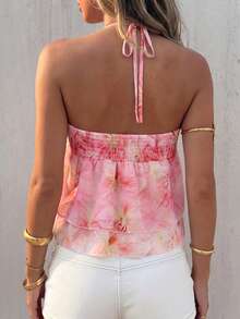 Débardeur à fines bretelles sexy pour femmes, col avec boucle métallique, panneau avant ajouré, ourlet superposé. Gilet de soirée, printemps/été - Rose bonbon - Voir 3