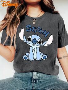 Camiseta de mujer de Disney Lilo y Stitch - Stitch auténtico (Lilo y Stitch) Parte superior de manga corta con estampado doble cara, blusa casual de cuello redondo apta para primavera, verano, otoño, uso diario, atuendos de vacaciones, tallas S-XXL - Gris Oscuro - Ver 2
