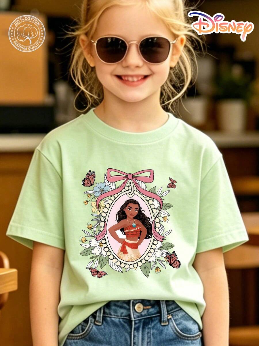 Officially Licensed Disney Moana Kids T-Shirt, 100% Cotton Floral Frame & Pink Bow Graphic Tee With Butterflies, Unisex For Boys & Girls Ages 4-14, Soft Breathable Fade-Resistant Fabric, Ideal For Theme Park, School & Daily Casual Wear, Perfect For Vacation, Birthdays & Children's Day Gifts - 抹茶綠 - 查看 1