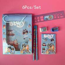 Bluey 6件套布鲁伊家庭宾果朋友文具套装（包括钢笔、尺子、卷笔刀、橡皮和笔记本），布鲁伊便携式文具套装礼盒，可爱卡通风格，派对小礼物，实用办公桌配件，理想的返校礼物，生日礼物，派对小礼物和奖励奖品，节日和派对用品 - A - 查看 12