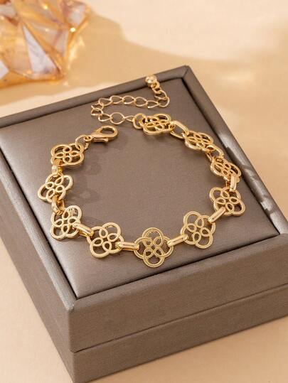 1pc Light Luxury Niche Design French Summer Daily Beach Vacation Style Hollow Four-Leaf Clover Women's Bracelet (No Gift Box)