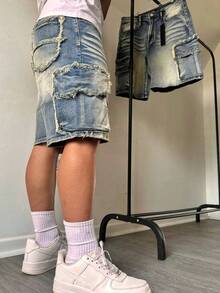 Quần short denim nhiều túi kiểu vintage cho nam, quần short Bermuda ống đứng rộng rãi mùa hè, quần jeans phong cách đường phố thường ngày, đa năng cho việc đi lại hàng ngày và phong cách đường phố. - Màu xanh lam - Xem 3