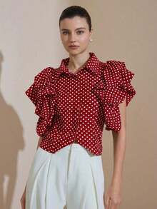 Aveloria Revavyn Blusa elegante de cuello alto con estampado de lunares retro francés, manga de pétalo, moda elegante y de alta gama para mujeres - Rojo - Ver 6