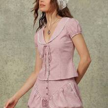 Blusa de estilo babydoll con cuello Peter Pan, manga corta con volantes y abotonadura - Rosa - Ver 11