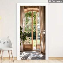 1/2pcs Landscape Wall Sticker, Peaceful Space Door Decal, Indoor/Outdoor Removable Door/Wall Mural, Nature Connecting Door Wall Sticker, Garden Scenery Door Decal, Large Window Door Sticker, Home Decor 2D Flat - A - View 1